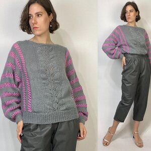 Vintage 1980s Hand Knit Grey & Purple Striped Mohair Cable Knit Sweater! Medium